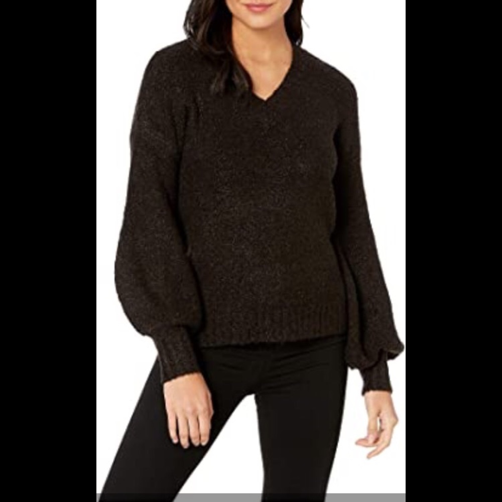 Kensie Women’s Black Popcorn Knit Puff Sleeve V-Neck Oversized Sweater Size S